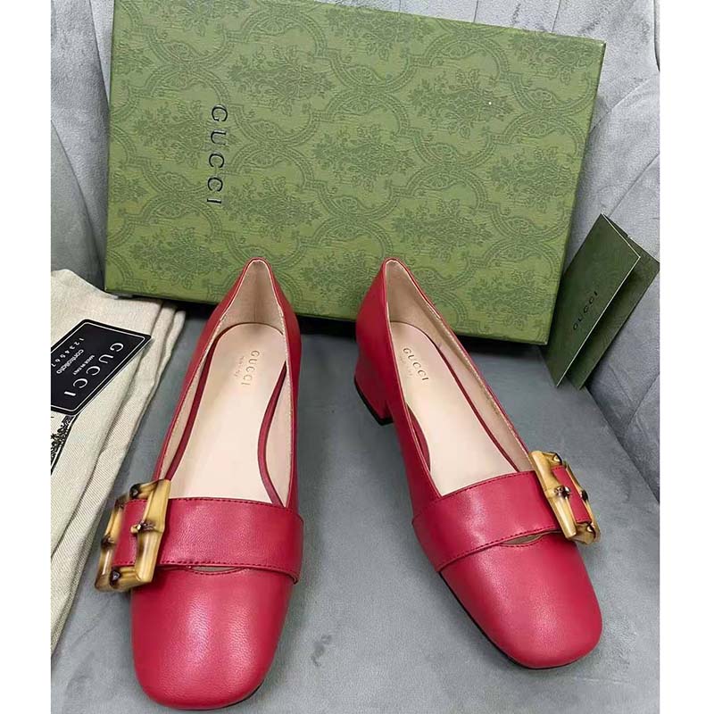 Gucci GG Women Ballet Flat with Bamboo Buckle Dark Red Leather