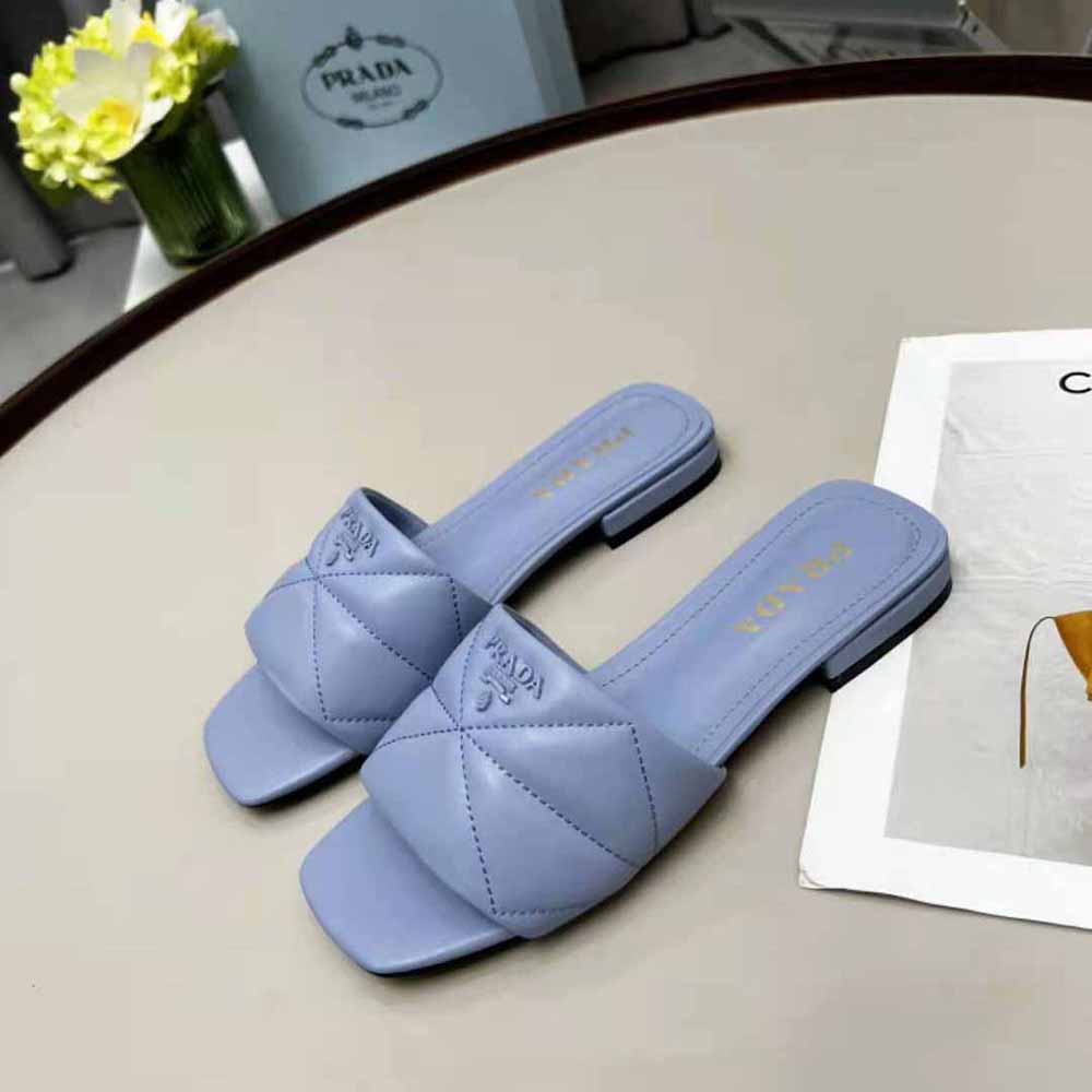 Prada Women Quilted Nappa Leather Sabots-Blue