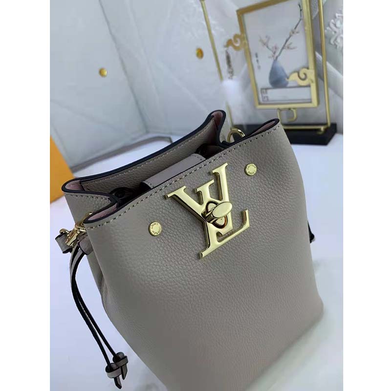 Louis Vuitton LV Women Nano Lockme Bucket Bag Greige Beige Grained Calf