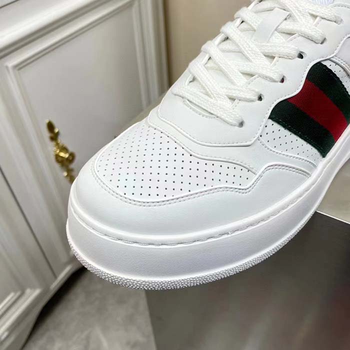 Gucci Unisex GG Sneaker Web White Leather Blue Lace-Up Flat