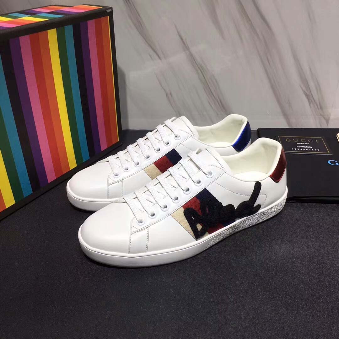 Gucci Men Ace Embroidered Sneaker Shoes in Leather with Sylvie Web-White