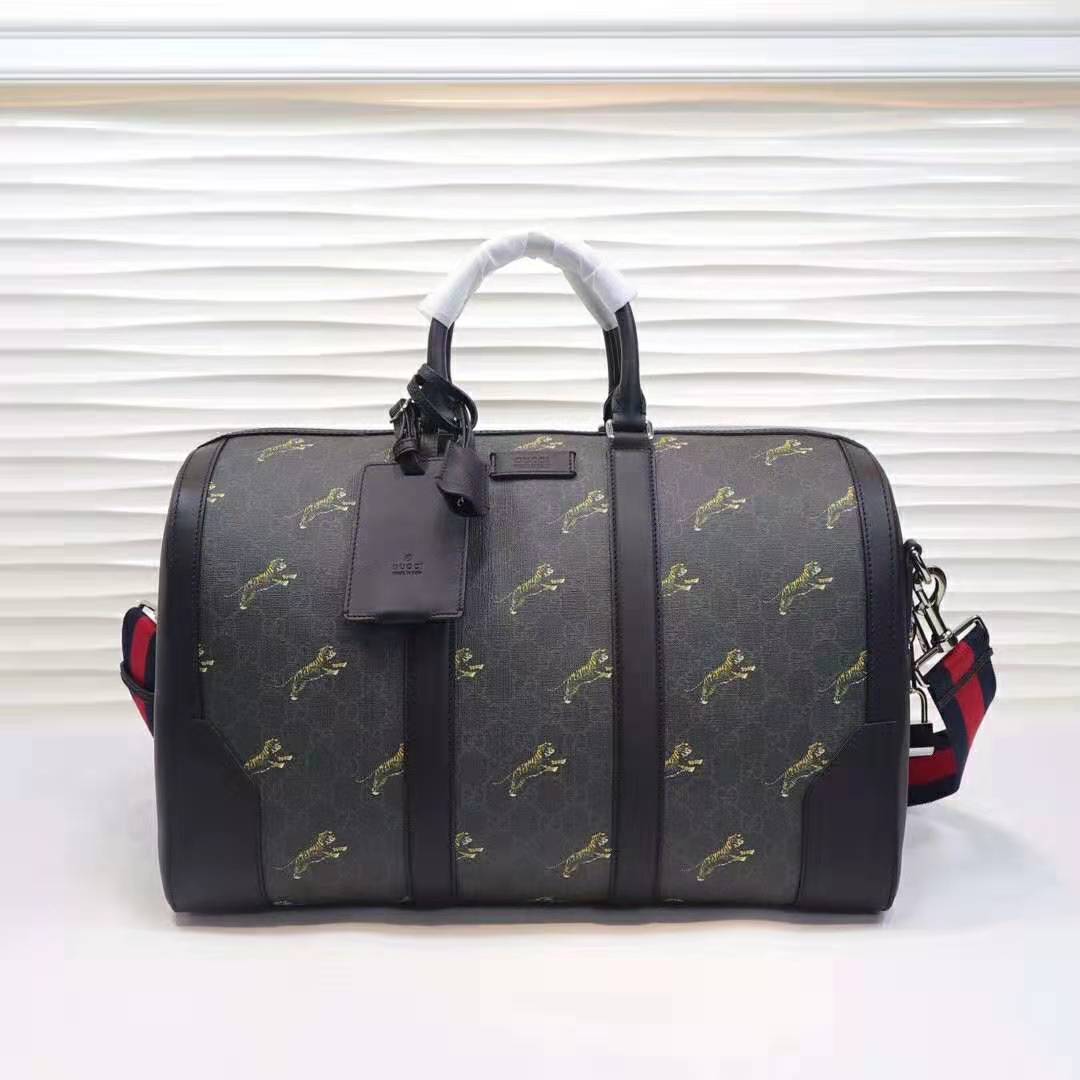 Gucci GG Men Gucci Bestiary Carry-On Duffle with Tigers in Black/Grey Soft GG Supreme