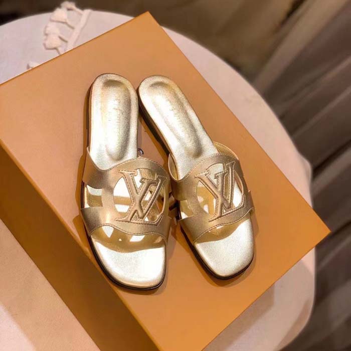 Louis Vuitton LV Unisex Isola Flat Mule Gold Metallic Lamb Leather Circle Signature
