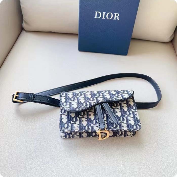 Dior Unisex CD Saddle Belt Pouch Blue Oblique Jacquard Front ‘D’ Stirrup