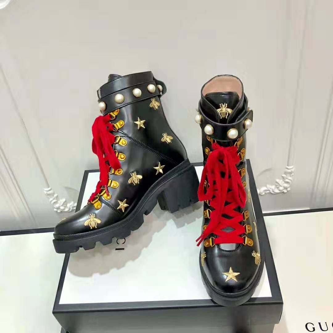 Gucci Women Gucci Leather Embroidered Ankle Boot in Black Leather 8.9 cm-Red