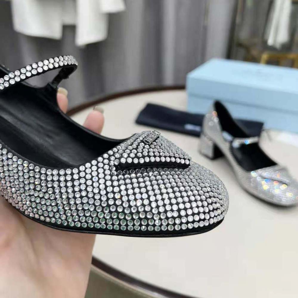 Prada Women Satin Pumps with Crystals in 45mm Heel Height-Silver