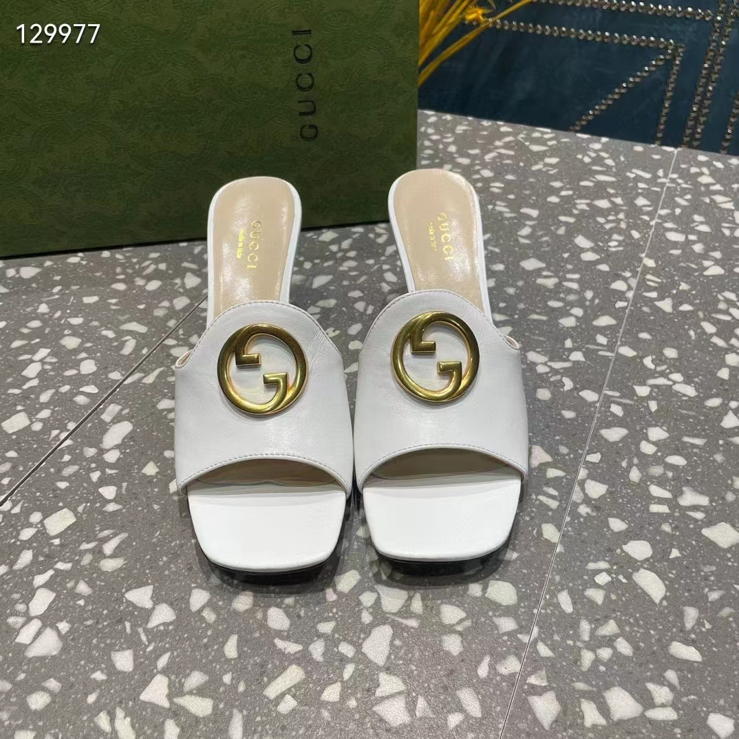 Gucci Women GG Blondie Slide Sandal White Leather Metallic Mid Heel 6.6 Cm Heel