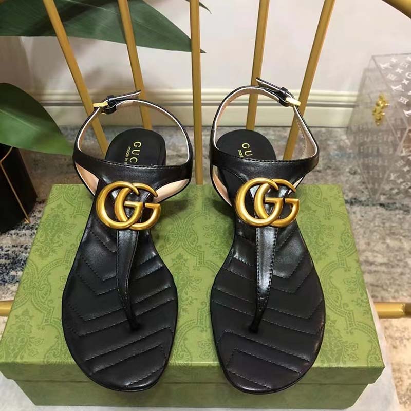 Gucci Women Double G Sandal Black Leather Double G 4.6 cm Heel
