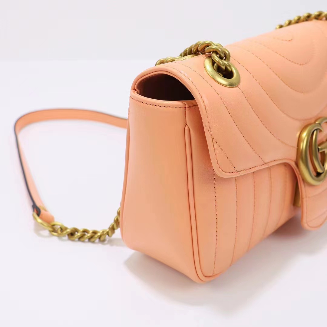 Gucci Women GG Marmont Small Shoulder Bag Peach Matelassé Round Vertical Matelassé Leather