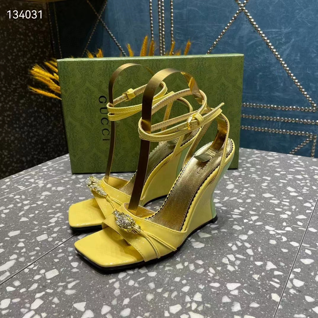 Gucci Women GG High-Heel Sandal Hardware Yellow Patent Leather Square Toe Geometric-Shaped Heel