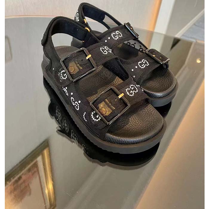 Gucci Women GG Sandal Crystals Black Mesh Tonal Suede Rubber Sole Flat