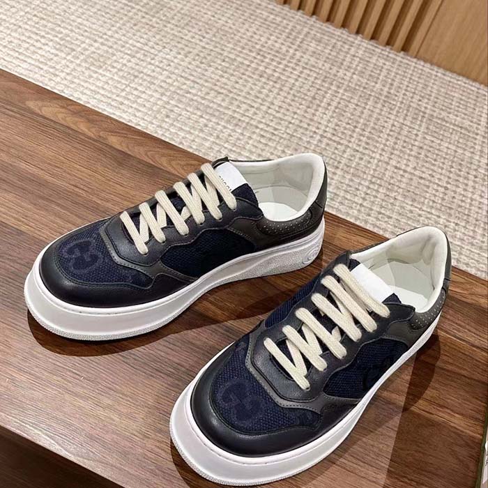 Gucci Unisex GG Lace Up Sneaker Grey Leather Blue Black GG Canvas