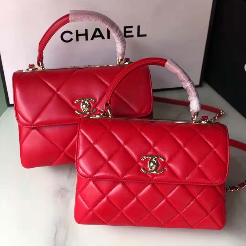 Chanel Women Flap Bag Top Handle Smooth Calfskin Gold-Tone Metal Red
