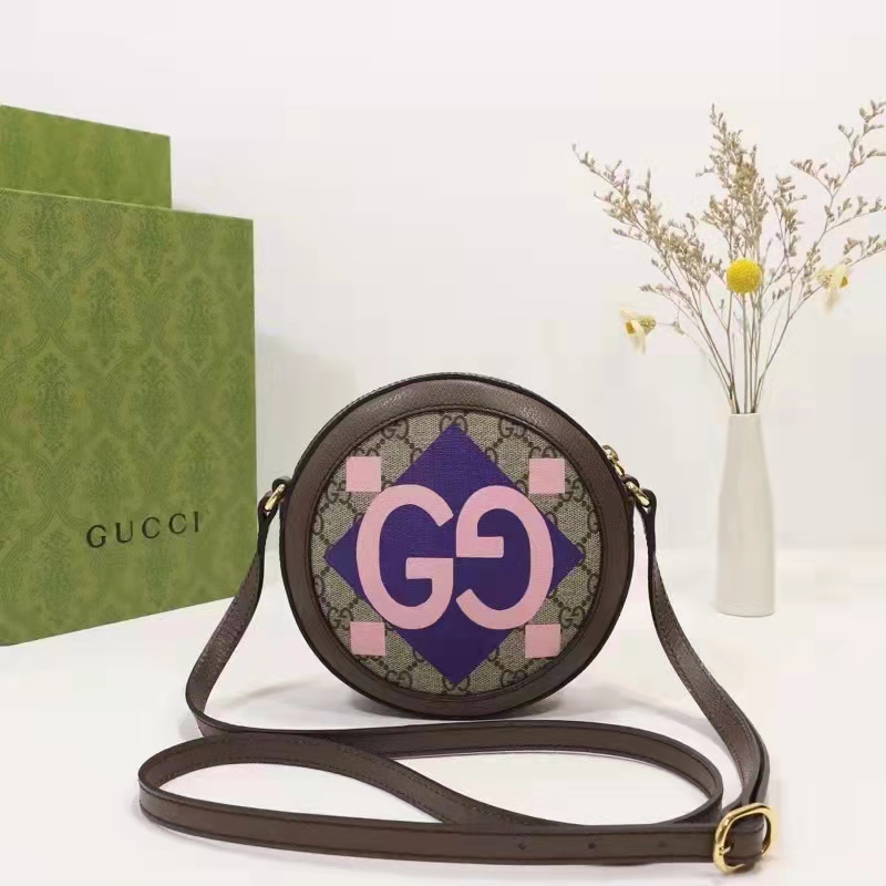 Gucci Unisex Round Shoulder Bag Double G Beige Ebony GG Supreme Canvas