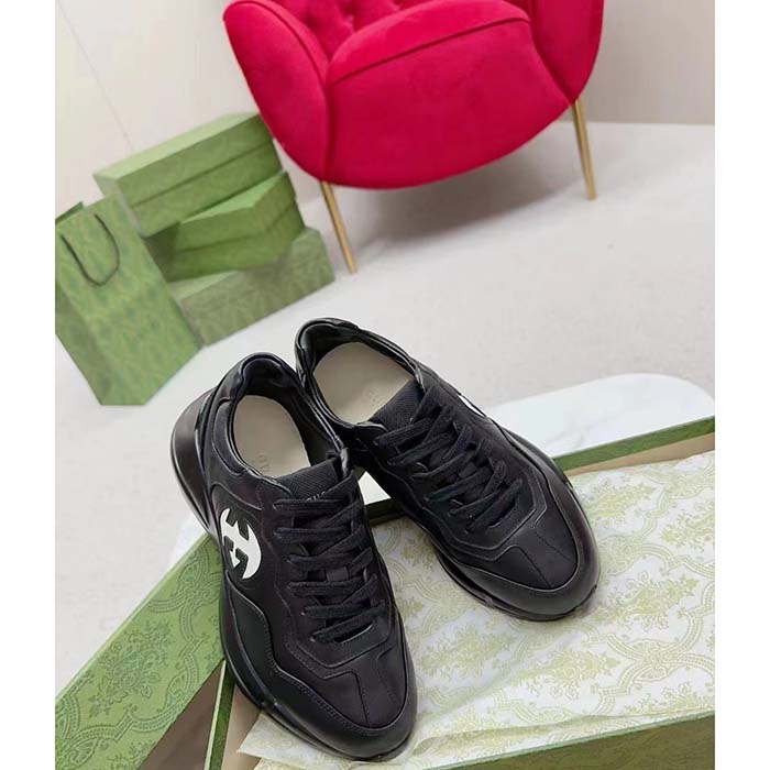 Gucci Unisex Interlocking G Rhyton Sneakers Black Leather White Cut-Out Rubber Sole