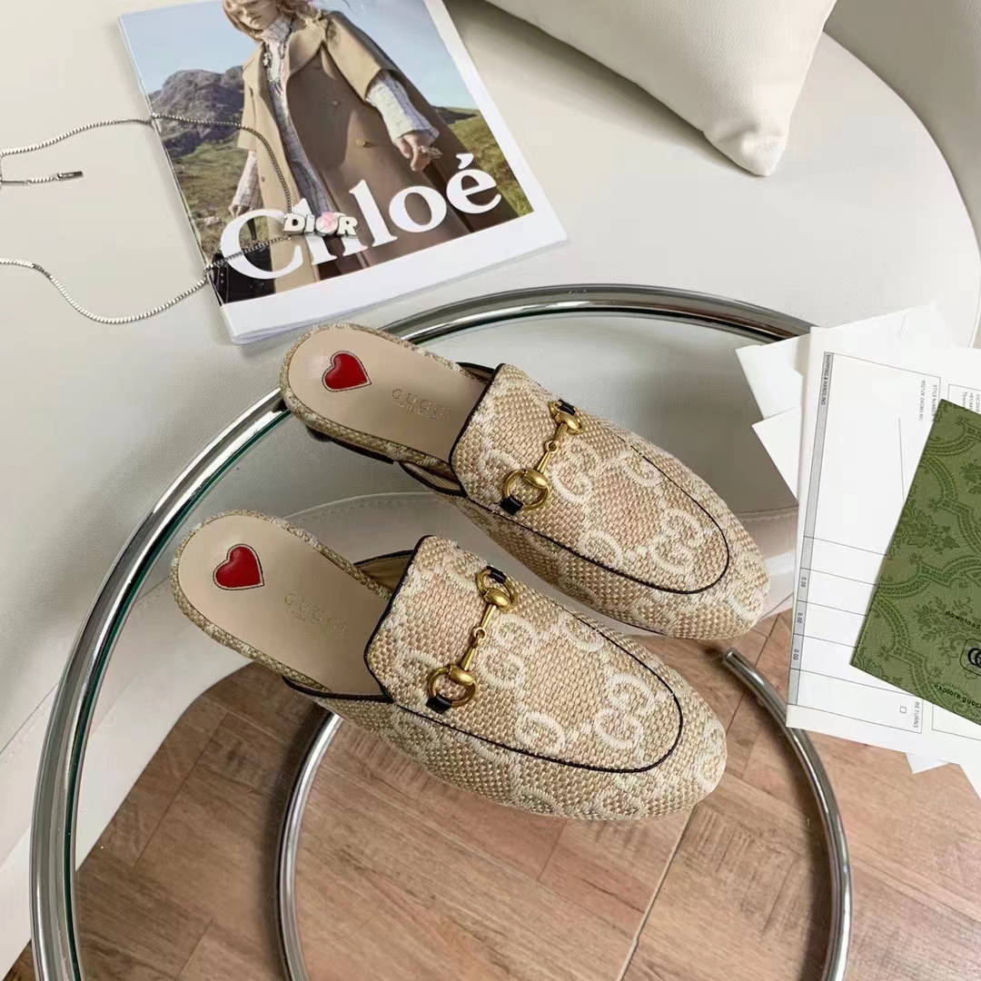 Gucci Women Maxi GG Princetown Slipper Beige White GG Raffia Effect Fabric Flat