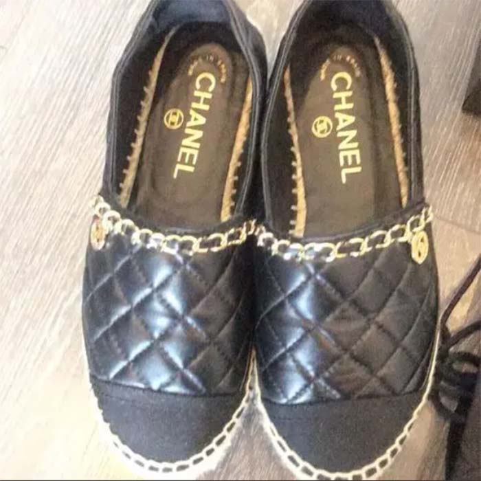 Chanel Women CC Tweed Calfskin Loafer Black Leather Gold Tone Metal