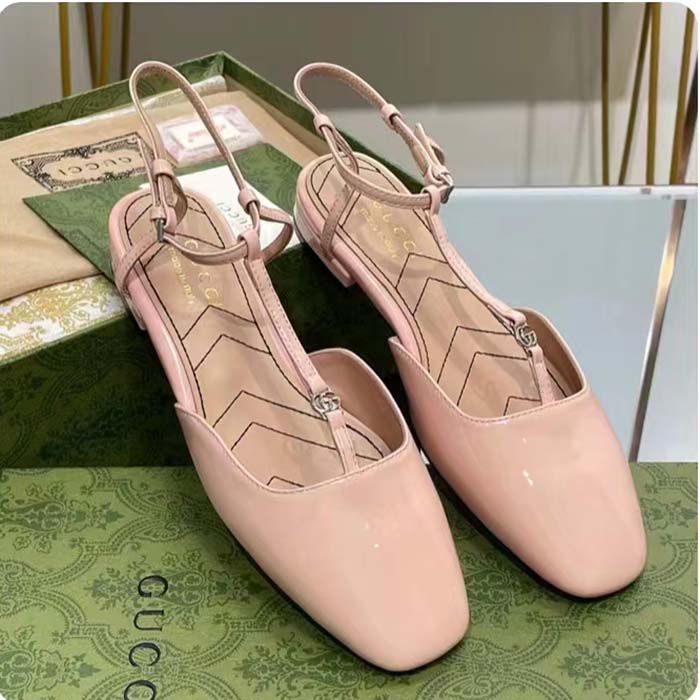 Gucci Women GG Double G Ballet Flat Light Pink Patent Leather Square Toe