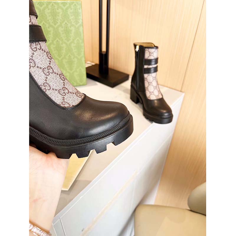 Gucci Women GG Ankle Boot Buckles Black Leather Rubber Sole Mid-Heel