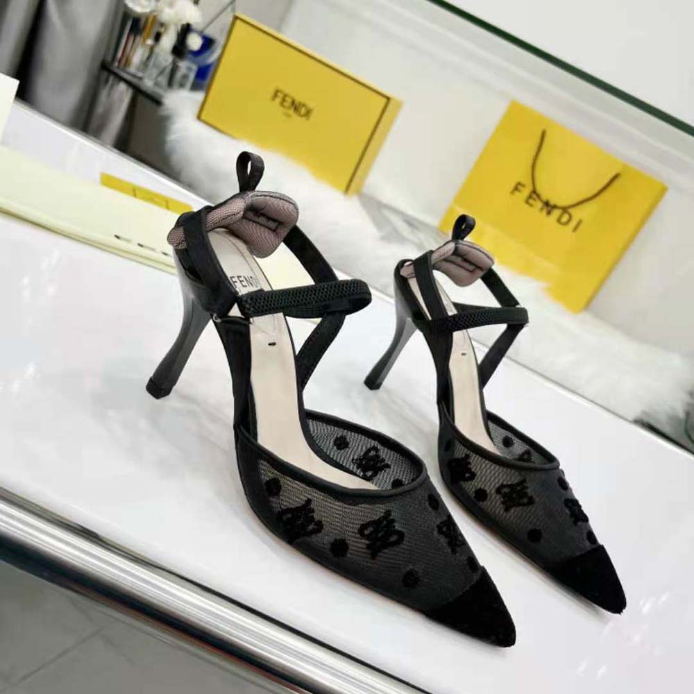Fendi Women Colibri Lite High-Heeled Black Mesh and FF Karligraphy Slingbacks