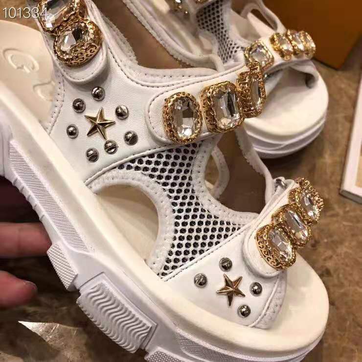 Gucci Women Leather and Mesh Sandal with Crystals 4.6 cm Heel-White