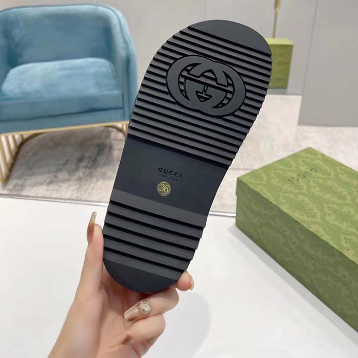 Gucci Unisex GG Slide Sandal Black White Leather Script Rubber Flat