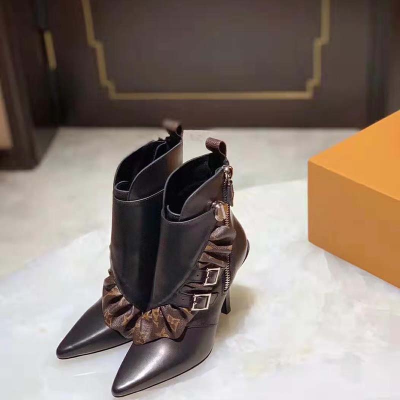 Louis Vuitton LV Women LV Janet Ankle Boot in Calf Leather and Patent Monogram Canvas-Black