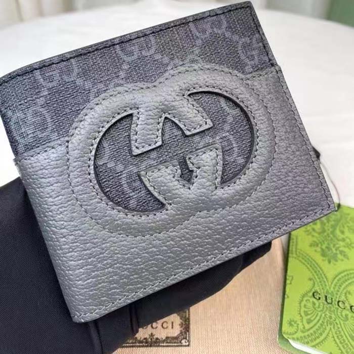 Gucci Unisex Wallet Cut-Out Interlocking G Black Grey GG Supreme Canvas