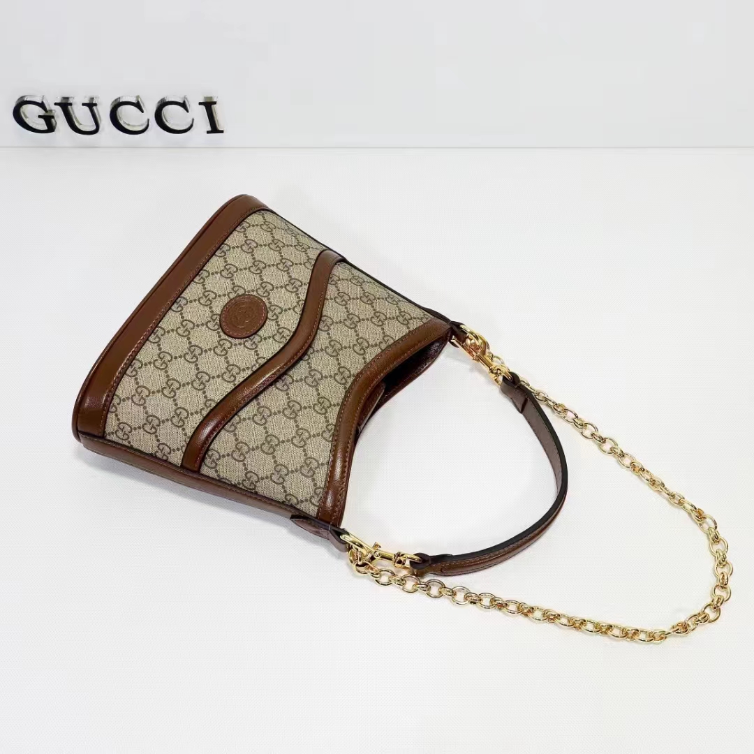 Gucci Women Large Shoulder Bag Interlocking G Beige Ebony GG Supreme Canvas