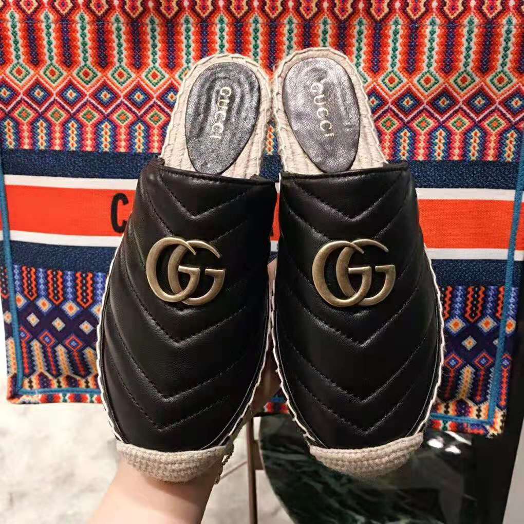 Gucci Women Leather Espadrille with Double G in 2 cm Height-Black