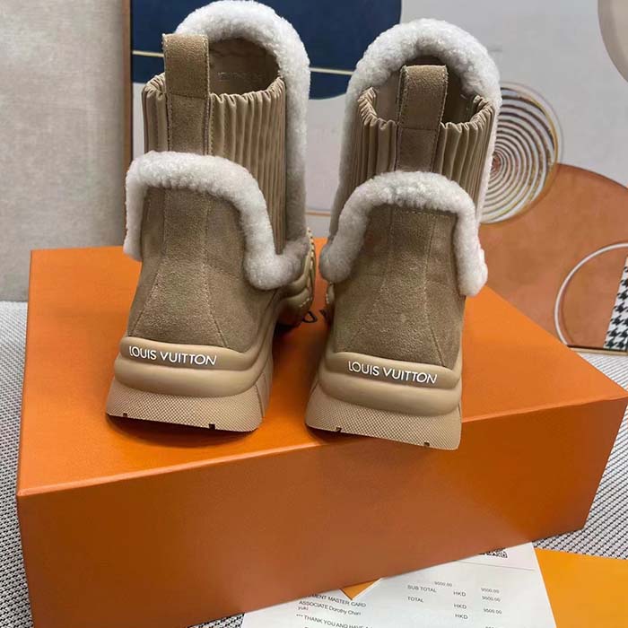 Louis Vuitton Women Shoes LV Ruby Flat Ankle Boot Beige Suede Calf Leather Shearling