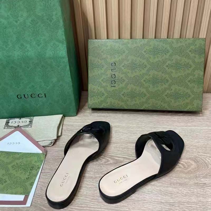 Gucci Women Interlocking G Cut Out Slide Sandal Black Leather Flat