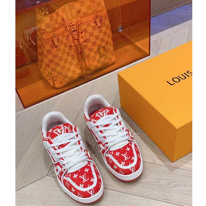 Louis Vuitton LV Unisex LV Trainer Sneaker Red Monogram Textile Rubber Outsole