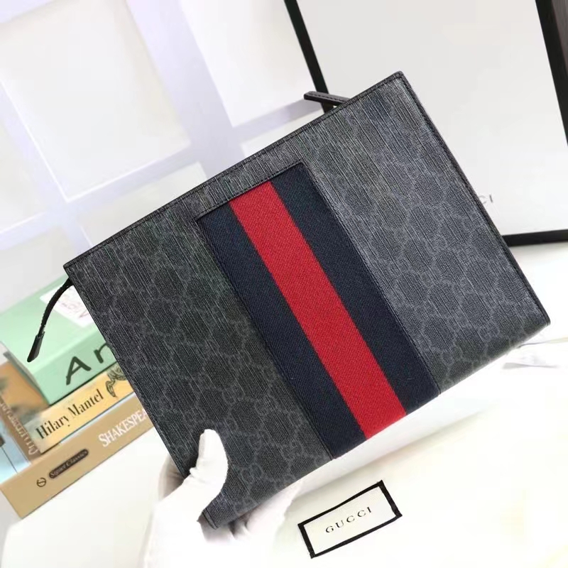 Gucci Unisex GG Black Pouch Black Grey GG Supreme Canvas Blue Red Web