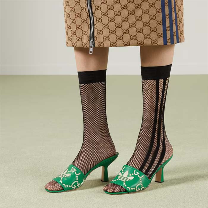 Gucci Women Adidas x Gucci Slide Sandal GG Trefoil Suede Green Leather