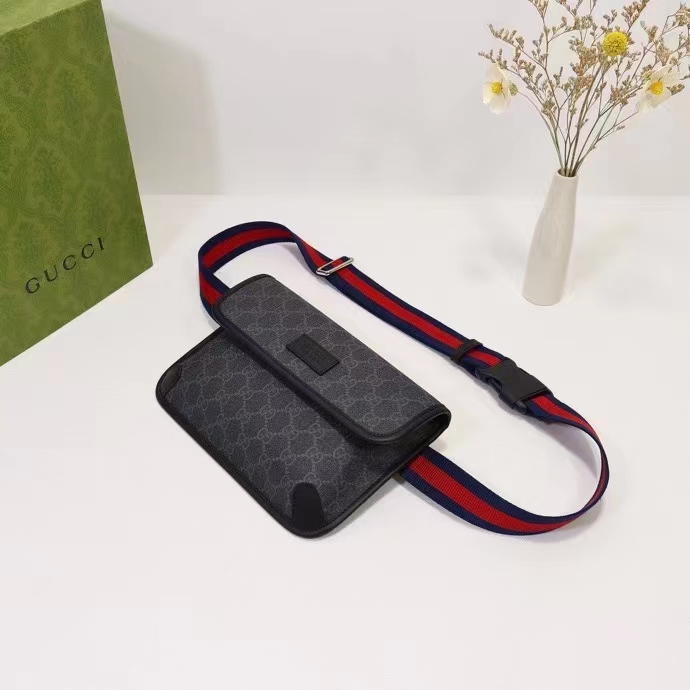 Gucci Unisex GG Black Belt Bag Black Grey GG Supreme Canvas Leather Trim