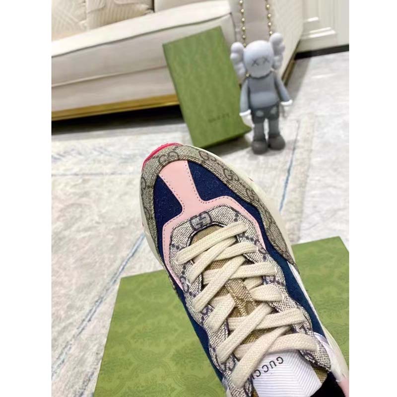 Gucci Unisex GG Rhyton Sneaker Beige Blue Pink GG Supreme Canvas Low Heel
