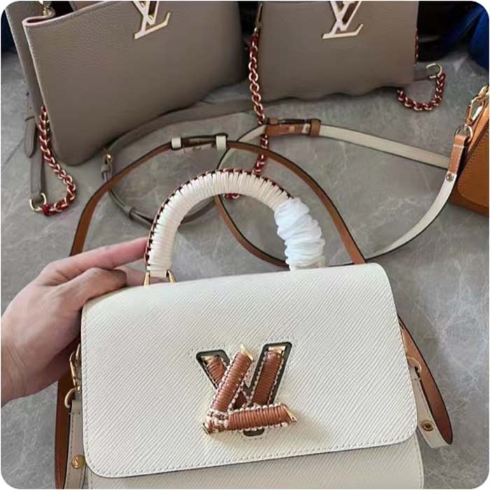 Louis Vuitton LV Women Twist MM Beige White Brown Grained Leather Cowhide