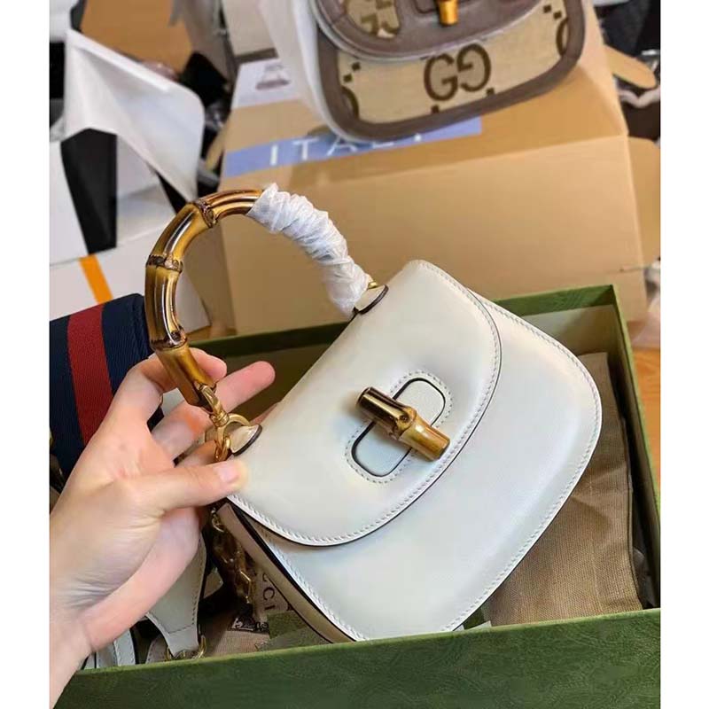 Gucci Women Gucci Bamboo 1947 Small Top Handle Bag White Leather Bamboo Hardware