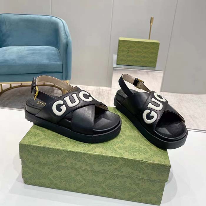 Gucci Unisex GG Sandal Black White Leather Script Rubber Buckle Flat