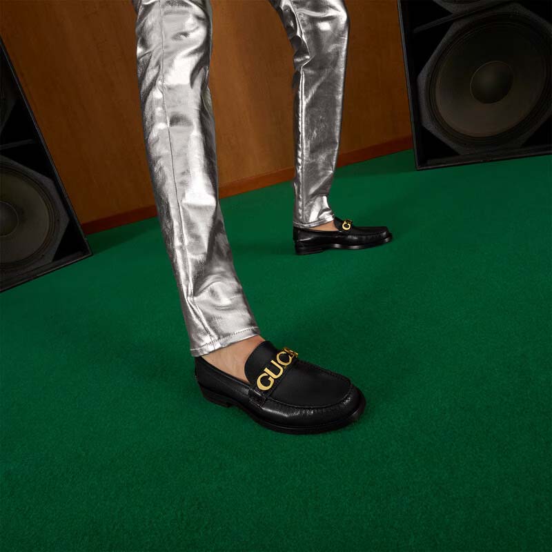Gucci Women GG Leather Loafer Black Metal Logo Metallic Sunray Print Low Heel