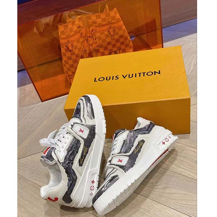 Louis Vuitton LV Unisex Trainer Sneaker Black Printed Calf Leather Rubber Outsole Monogram Flowers