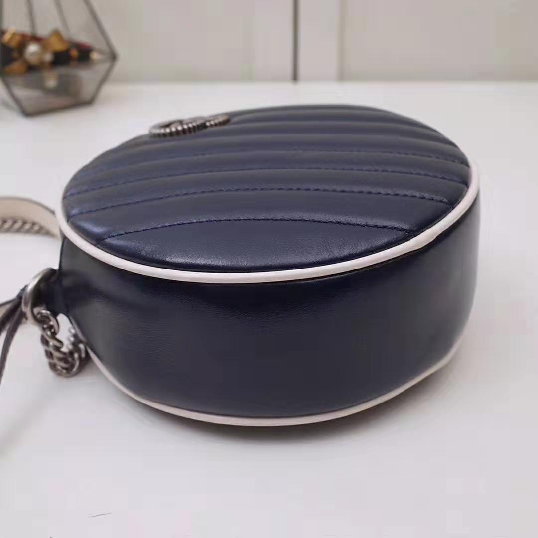 Gucci GG Women GG Marmont Mini Round Shoulder Bag in Blue Diagonal Matelassé Leather