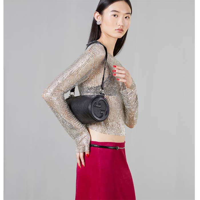 Gucci Women GG Blondie Mini Shoulder Bag Round Interlocking G Black Leather