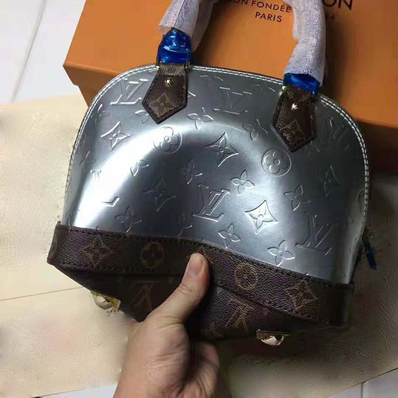 Louis Vuitton LV Women Alma BB Handbag in Metallic Monogram Vernis Patent Leather-Silver