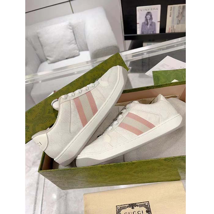 Gucci Unisex Screener Sneaker White GG Supreme Canvas Rubber Sole Lace-Up Low Heel