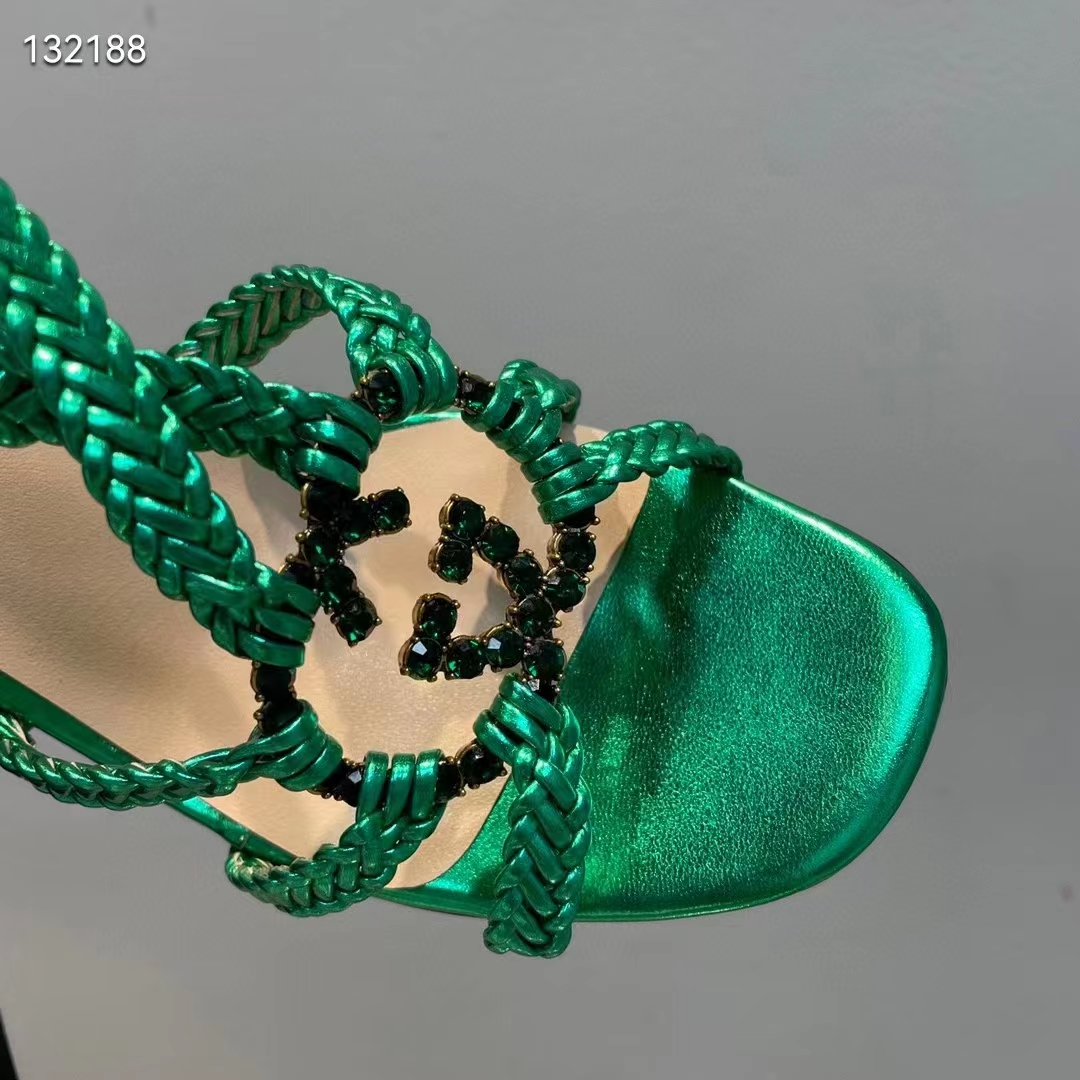 Gucci Women GG Cystal Interlocking G Sandal Green Metallic Braided High 9 CM Heel