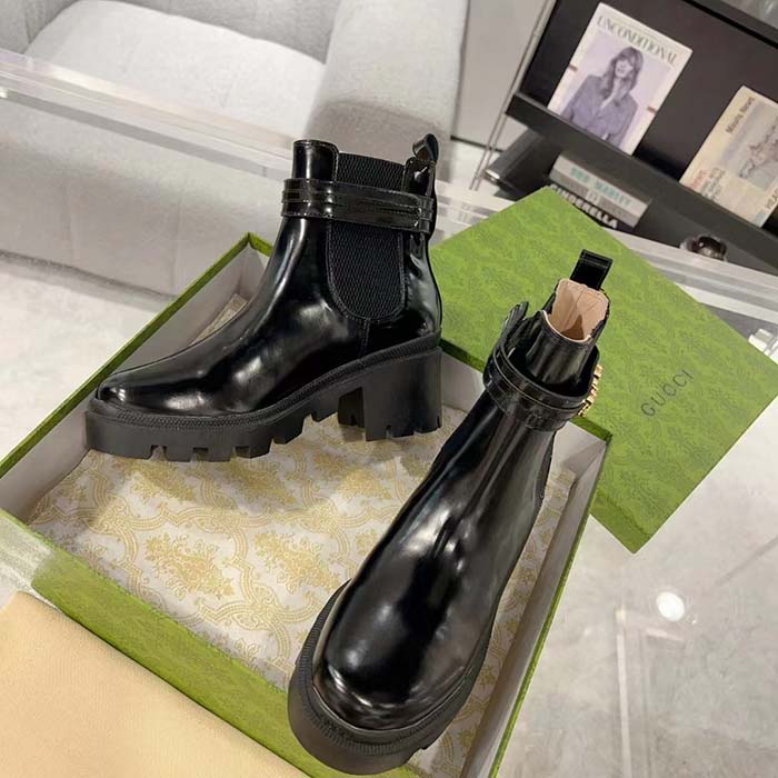 Gucci Women GG Mid-Heel Boot Logo Black Shiny Leather Heel Loop Pull Lug Rubber