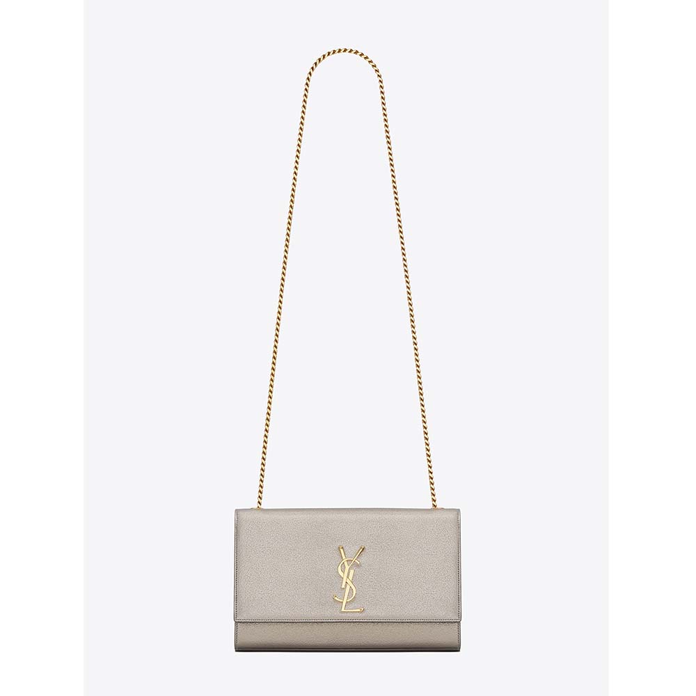 Saint Laurent YSL Women Kate Medium in Grained Metallic Leather-Silver
