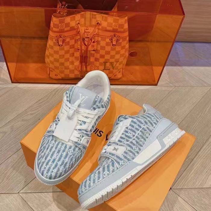 Louis Vuitton Unisex LV Trainer Sneaker Blue Monogram Textile Rubber Outsole Initials